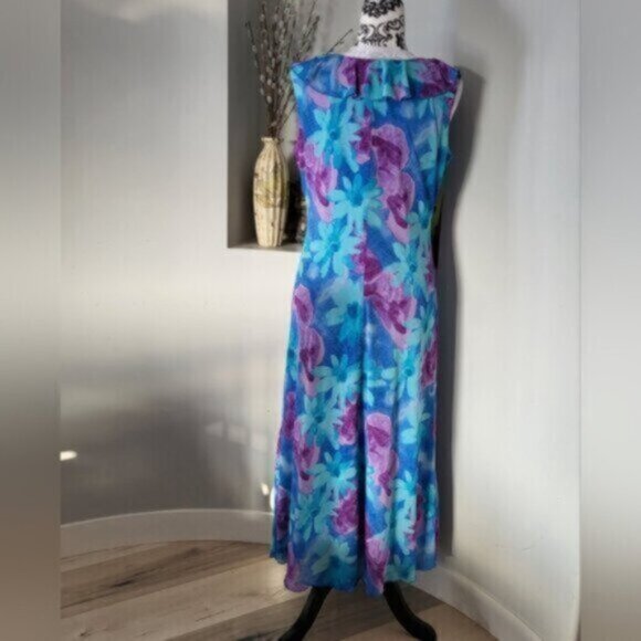Vintage 90s Sleeveless Floral Teal Blue Dress Size 10 womens - Picture 9 of 16